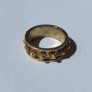 Vintage Ornate Floral Filigree Band Ring Size 5.25 925 Gold Tone Sterling Silver